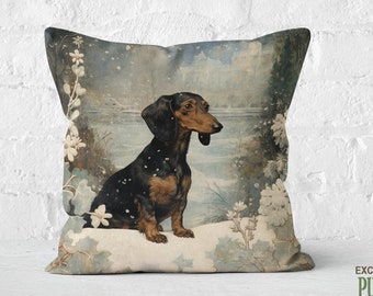 Winter Whimsy Dachshund Pillow Serene Snowfall Gray Beige, Dachshund Lover Gift, #PR0616, Insert Included