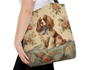 Cavalier King Charles Spaniel Canvas Bag, Vintage Floral Beige Shopping Bag, Carryall Weekend Tote, Cavi Lover Gift, Everyday Use, #PR0190