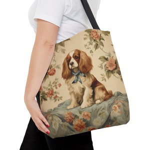 German Shepherd Canvas Bag Vintage Floral Motif Beige