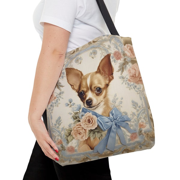 Chihuahua Tote Bag, Vintage Floral Canvas, Beige Carryall with Blue Accents, Shopping Bag, Chi Lover Gift, Essential Everyday Tote, #PR0195