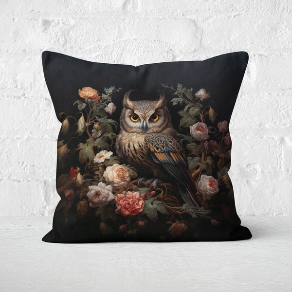 Majestic Owl Floral Pillow, Dramatic Black Backdrop, Pink Red White Green Hues, Victorian & Cottagecore Elegance, #PR0098, Insert Included