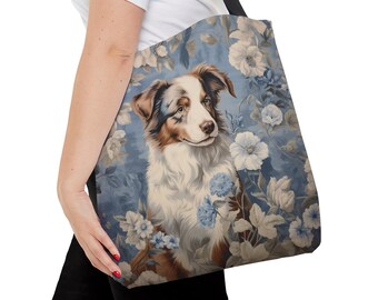 Australian Shepherd Tote Bag, Canvas Carryall, Shopping Bag, Everyday Bag, Weekend Tote, Blue Floral Aussie Design, #PR0207