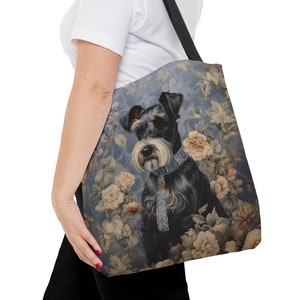 Elegante draagtas met bloemen Schnauzer, cadeau schnauzerliefhebber, vintage-stijl draagtas, blauw en crème, boodschappentas, #PR0175