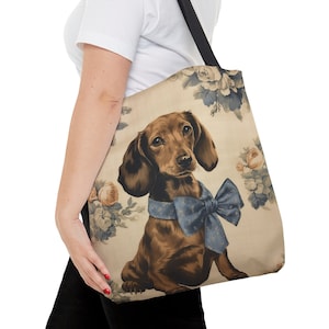 Dachshund Canvas Tote Floral Beige with Blue Bow Detail, Shopping Bag, Wiener Dog Lover Gift, Carryall for Daily Use, #PR0198