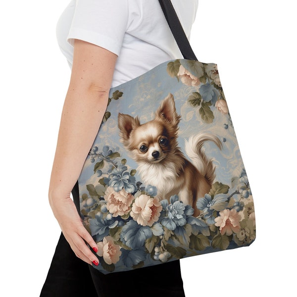 Charming Chihuahua Tote Bag, Delicate Floral Backdrop, Petite Pooch Elegance, Ideal for Dog Admirers, Classy Everyday Carry, #PR0183