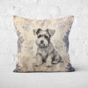 Kussen Franse toile dwergschnauzer, grijsblauw-beige crème bloemen cottagecore-decor, minischnauzer minnaar cadeau, #PR0068, inclusief inzetstuk