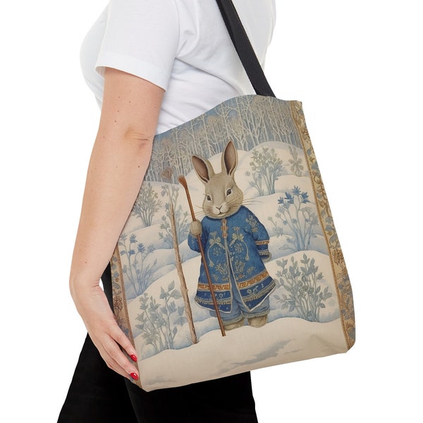 Elegant Bunny Winter Tote Bag, Rabbit Shopping Bag Carryall, Frosted Forest Weekend Tote, Canvas Everyday Bag, Rabbit Lover Gift, #PR0243