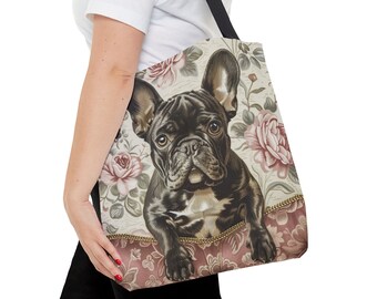 ZYQFN Bulldog Dog Lover Tote Bag – 14"x16" Canvas Tote For Women, Dog Mom Gift, School, Travel, White