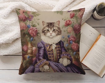 Regal Cat in Purple Dress Pillow Pink Blue Green Floral Baroque French Toile, Shabby Chic & Traditional Home Decor, #PR0092, Insert Included