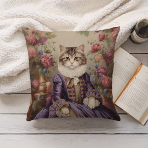 Regal Cat in Purple Dress Pillow Pink Blue Green Floral Baroque French Toile, Shabby Chic & Traditional Home Decor, PR0092, Insert Included image 1