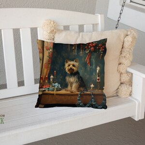 Heirloom Yorkie Pillow, Renaissance Charm, Deep Emerald and Gold, Yorkshire Terrier Lover Gift, PR0606, Insert Included image 3