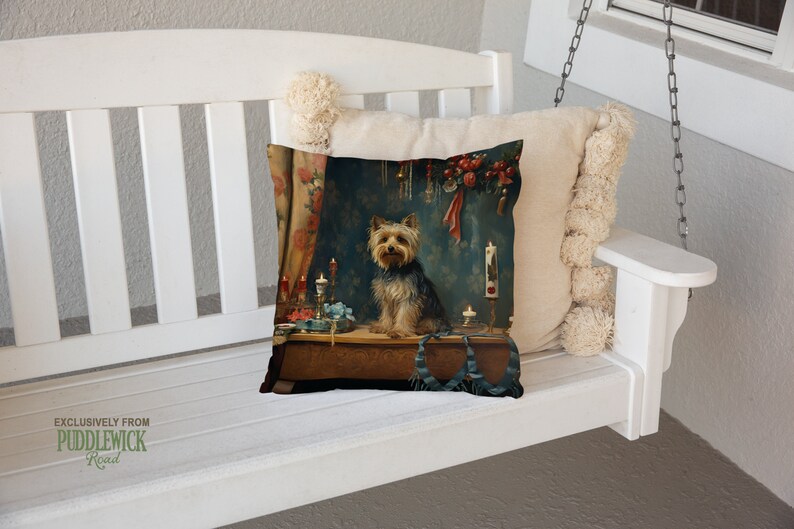Heirloom Yorkie Pillow, Renaissance Charm, Deep Emerald and Gold, Yorkshire Terrier Lover Gift, PR0606, Insert Included image 3