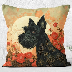 Floral Scottish Terrier Pillow: Rustic Bohemian Faux Suede Cushion