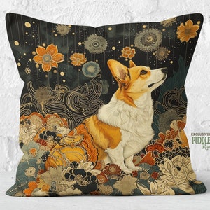 Corgi Opulence Pillow Artisanal Baroque Flourish Orange Navy, Pembroke Welsh Corgi Lover Gift, #PR0800, Insert Included