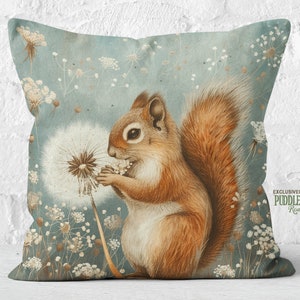 Whimsical Wishmaker Squirrel Pillow, Soft Blue Rustic Cream, Farmhouse Chic Bohemian Decor, Squirrel Lover Gift, #PR0946, Insert Included
