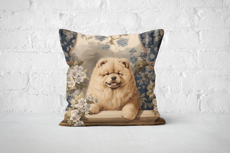 Cream Chow Chow Pillow Vintage Floral Cushion Fluffy Dog Throw Pillow, Chow Lover Gift, PR0343, Insert Included image 1