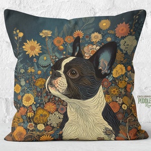 Boston Terrier Pillow: Bohemian Art Deco Floral Accent