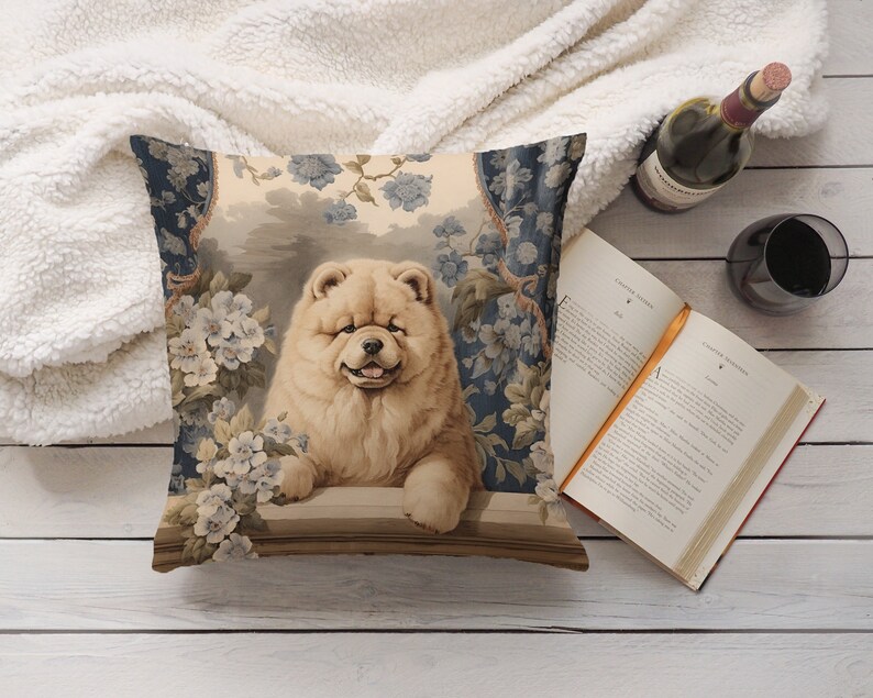 Cream Chow Chow Pillow Vintage Floral Cushion Fluffy Dog Throw Pillow, Chow Lover Gift, PR0343, Insert Included image 6