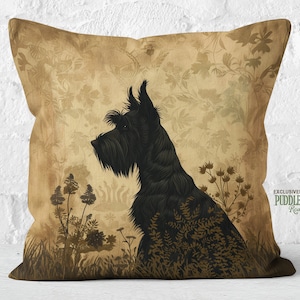Scottish Terrier Pillow: Vintage Foliage Silhouette, Scottie Lover Gift