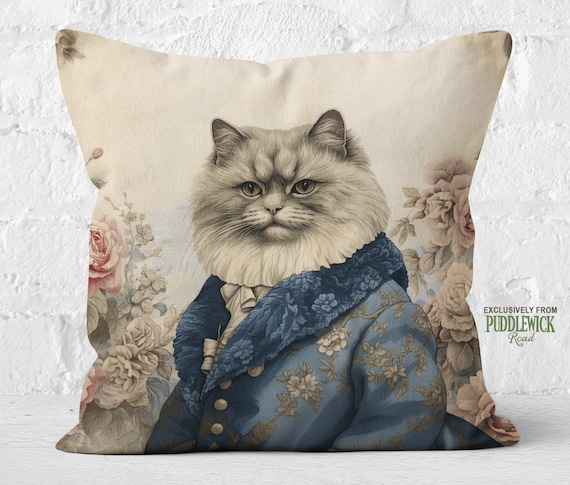 Regal Whiskers Persian Cat Pillow Traditional Floral in Navy Ecru Cat Lover Gift Insert Included PR0706 Etsy