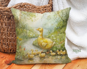 Easter Decor Pillow - Majestic Duck with Ducklings Cushion, Perfect Mother's Day Gift, Soft Yellow Green Floral, #PR1132, Insert Included