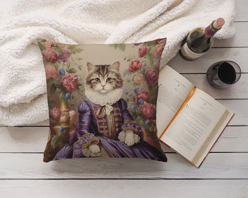 Regal Cat in Purple Dress Pillow Pink Blue Green Floral Baroque French Toile, Shabby Chic & Traditional Home Decor, PR0092, Insert Included image 1