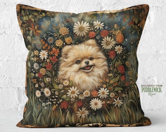 Blossom Buddy Pomeranian Pillow, Pomeranian Lover Gift, Eclectic Botanical Decor, Forest Floral Fusion, #PR1047, Insert Included