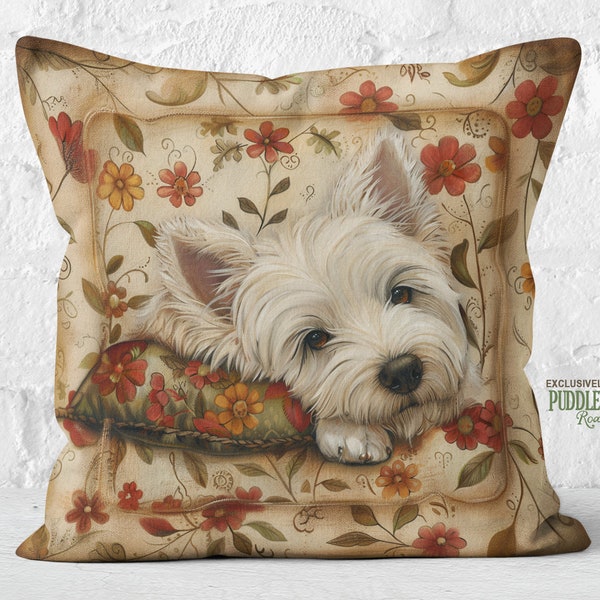 Westie Whispers Kissen, Westhighland White Terrier Geschenk, Französisches Land Shabby Chic, Creme Rustikales Blumenmuster, #PR1042, inklusive Kissenfüllung