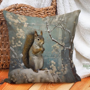 Acorn Whisperer Squirrel Pillow Scandinavian Rustic Teal Taupe Winter Comfort Squirrel Lover Gift, #PR0659, Insert Included