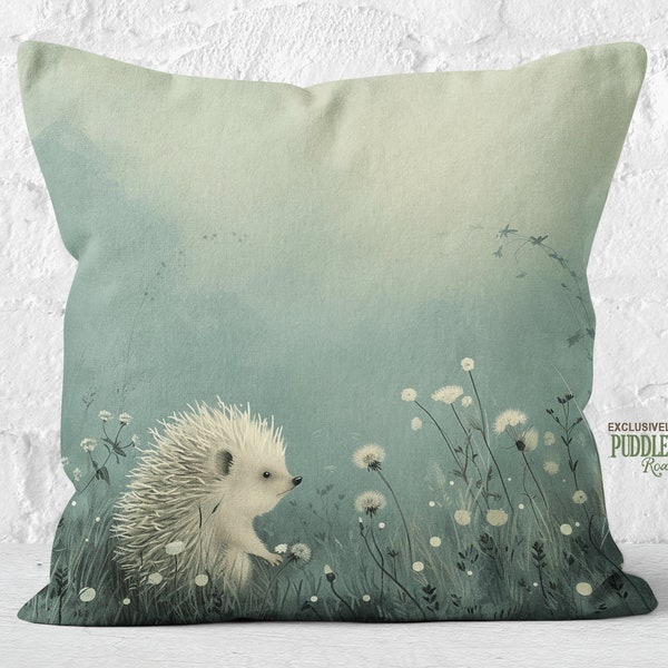 Dandelion Whispers Hedgehog Pillow, Pastel Serenity, Sky Blue & Sage, Cozy Cottagecore Accent, #PR0964, Insert Included