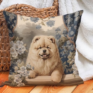 Cream Chow Chow Pillow Vintage Floral Cushion Fluffy Dog Throw Pillow, Chow Lover Gift, PR0343, Insert Included image 7