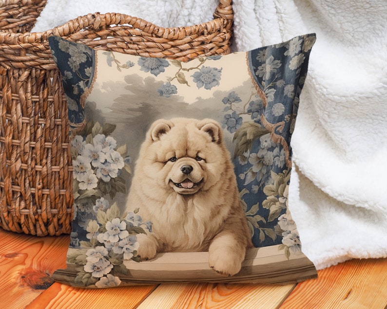 Cream Chow Chow Pillow Vintage Floral Cushion Fluffy Dog Throw Pillow, Chow Lover Gift, PR0343, Insert Included image 7