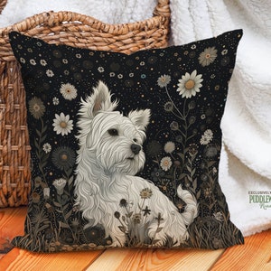 Westie Starry Bloom Pillow Nighttime Botanical Black Beige, West Highland White Terrier Lover Gift, #PR0804, Insert Included
