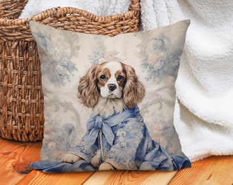 French Toile Cavalier King Charles Spaniel Pillow Blue Pink Beige Floral, Shabby Chic Cottagecore Cavie Lover Gift, #PR0069, Insert Included