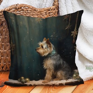 Victorian Vignette Yorkie Pillow, Classic Christmas Decor, Dark Jade Antique Gold, Yorkshire Terrier Lover Gift, #PR0596, Insert Included
