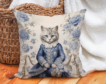 Regal Cat in Blue Dress Pillow, Baroque Opulence, French Toile, Blue White Floral Majesty, Cat Lover Gift, #PR042, Insert Included