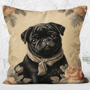 Vintage Gaze Black Pug Pillow, Classic Florals in Sepia & Cream, Pug Lover Gift, Insert Included, #PR0737