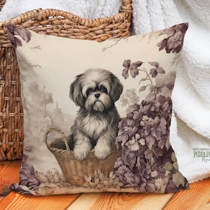 Basket Buddy Tzu Pillow Vintage Floral Beige Plum Cozy Cottage Accent Shih Tzu Lover Gift #PR0673, Insert Included