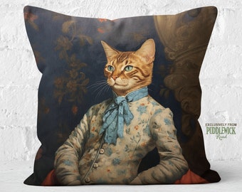 Aristocrat Whiskers Bengal Cat Pillow, Baroque Elegance in Midnight Blue & Floral Cream, Cat Lover Gift, Insert Included, #PR0722