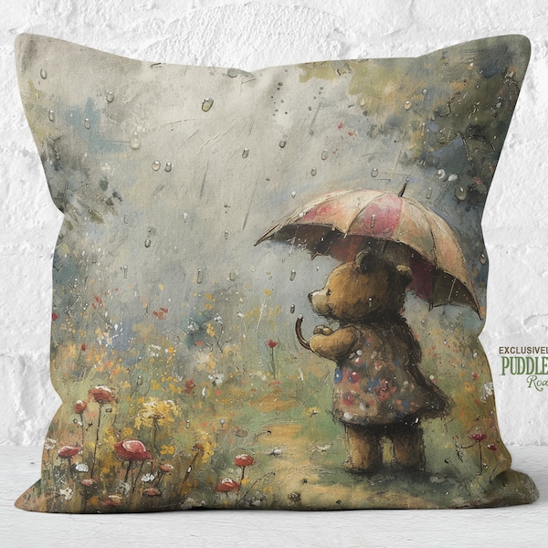 Raindrop Rambles Bear Pillow, Cozy Woodland Storybook Charm, Soft Taupe Whimsical Meadow, Bear Lover Gift, #PR0972, Insert Included