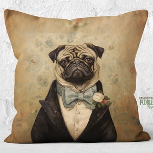 Dapper Gentleman Pug Pillow, Vintage Floral Elegance, Pug Lover Gift, Insert Included, #PR0754