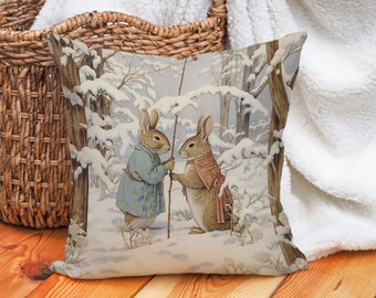 Whimsical Rabbit Couple Pillow Blue and Pink, Winter Forest Ambiance, Vintage Design, Winter Vacation Homes, #PR0120, Insert Included