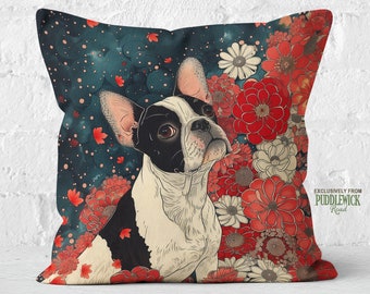 Boston Terrier Charm Pillow, Rustic Bohemian Art Deco, Crimson Midnight, Boston Terrier Mom Gift, #PR0899, Insert Included