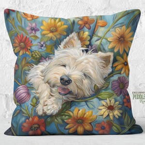 Westie Bliss Pillow, West Highland White Terrier Lover Gift Floral Embrace Cushion, #PR1034, Insert Included