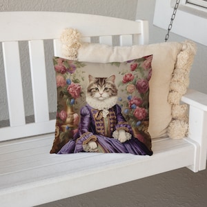 Regal Cat in Purple Dress Pillow Pink Blue Green Floral Baroque French Toile, Shabby Chic & Traditional Home Decor, PR0092, Insert Included image 4