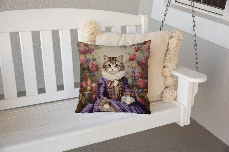 Regal Cat in Purple Dress Pillow Pink Blue Green Floral Baroque French Toile, Shabby Chic & Traditional Home Decor, PR0092, Insert Included image 4