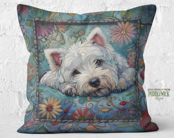 Westie Whimsy Pillow, West Highland White Terrier Lover Gift Art Nouveau Flourish Cushion, #PR1038, Insert Included