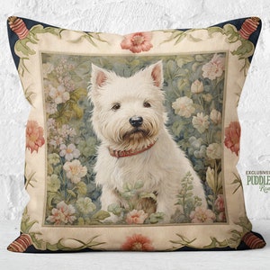 Westie Haven Pillow, West Highland White Terrier Lover Gift William Morris Inspired Floral Cushion, #PR1022, Insert Included
