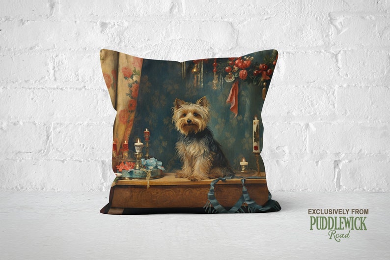 Heirloom Yorkie Pillow, Renaissance Charm, Deep Emerald and Gold, Yorkshire Terrier Lover Gift, PR0606, Insert Included image 1