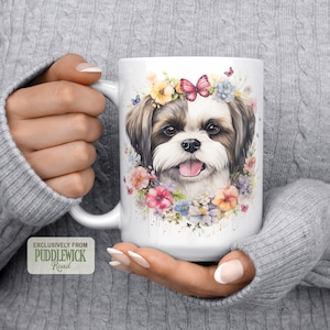 Shih Tzu Floral Mug, Dog Mug, Coffee Cup, Shih Tzu Mom Gift, PRM0045, Shih Tzu Lover Gift